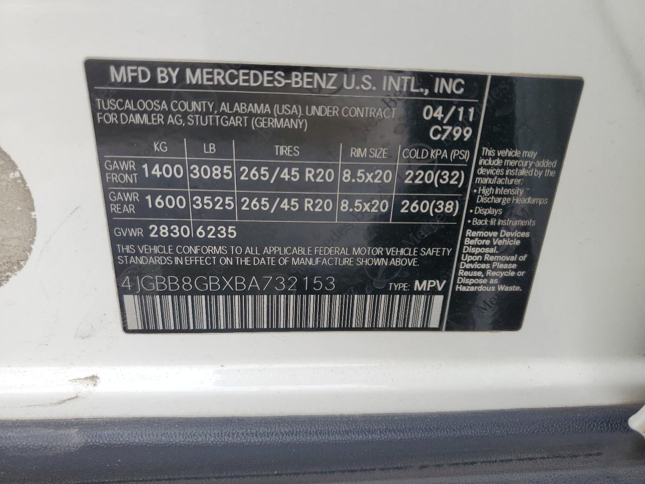 2011 Mercedes-Benz Ml 350 4Matic VIN: 4JGBB8GBXBA732153 Lot: 58837545
