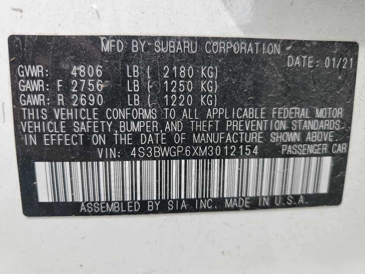 2021 Subaru Legacy Touring Xt VIN: 4S3BWGP6XM3012154 Lot: 55762115