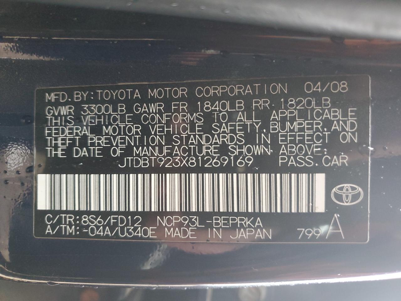 2008 Toyota Yaris VIN: JTDBT923X81269169 Lot: 56928775