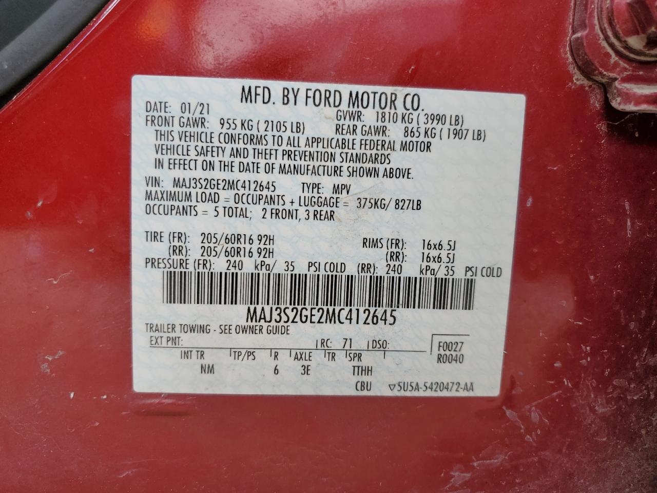 MAJ3S2GE2MC412645 FORD ECOSPORT 2021