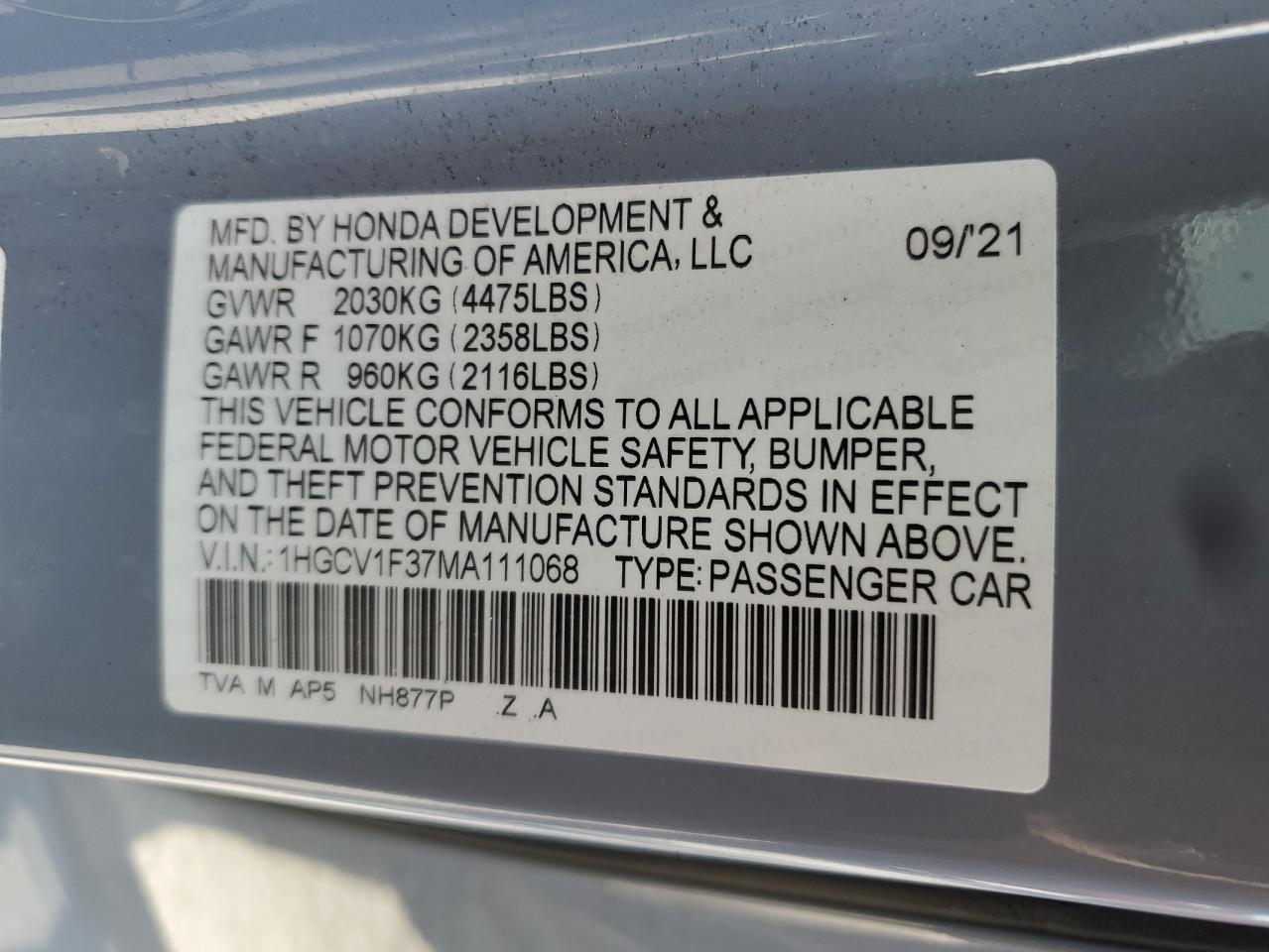 2021 Honda Accord Sport VIN: 1HGCV1F37MA111068 Lot: 56661275