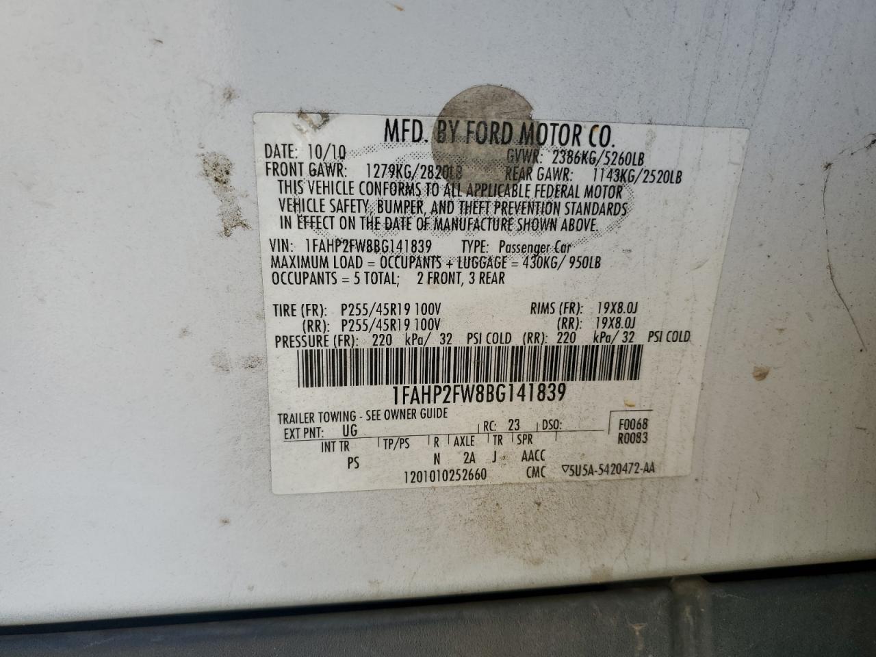 2011 Ford Taurus Limited VIN: 1FAHP2FW8BG141839 Lot: 56594285