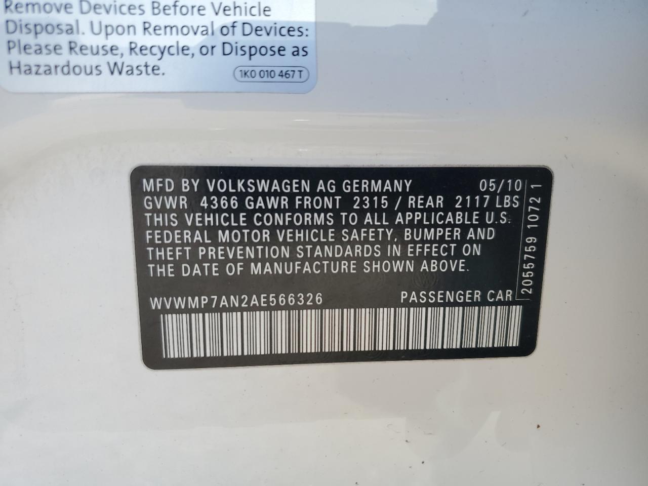 2010 Volkswagen Cc Sport VIN: WVWMP7AN2AE566326 Lot: 55414605