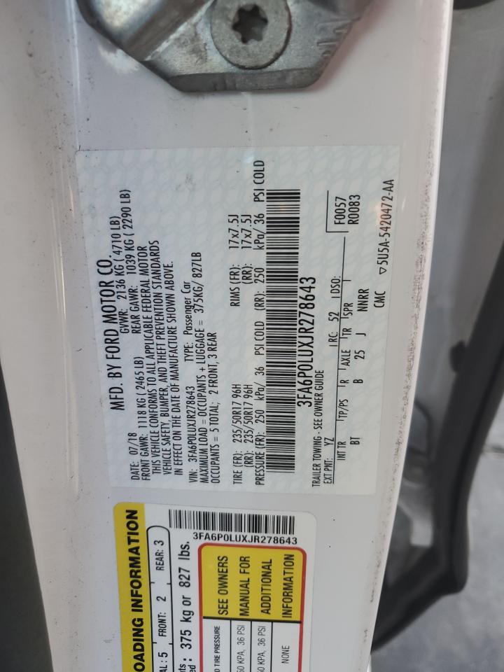 2018 Ford Fusion Se Hybrid VIN: 3FA6P0LUXJR278643 Lot: 54025475