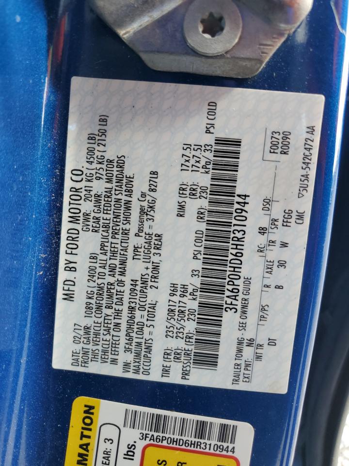 3FA6P0HD6HR310944 FORD FUSION 2017
