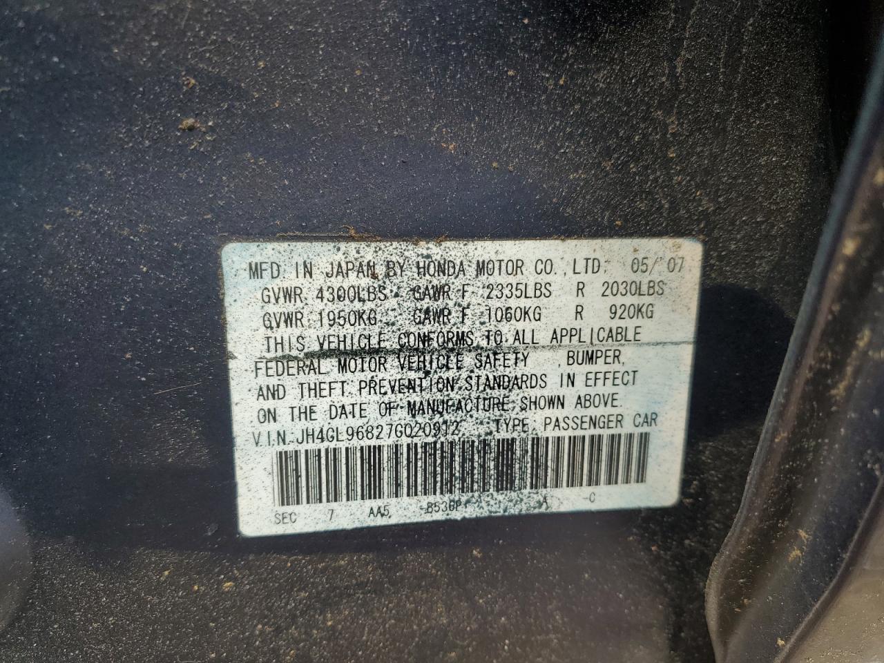 2007 Acura Tsx VIN: JH4CL96827C020912 Lot: 58245495