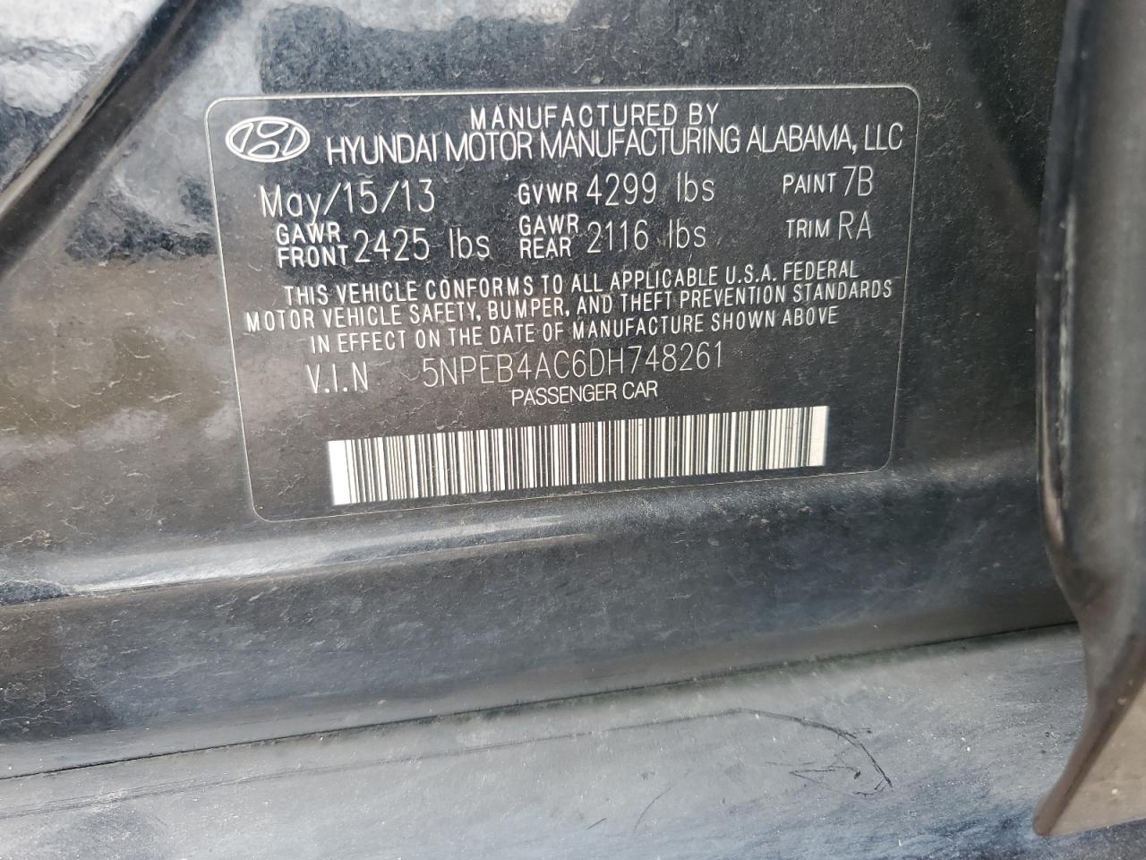 2013 Hyundai Sonata Gls VIN: 5NPEB4AC6DH748261 Lot: 56453445