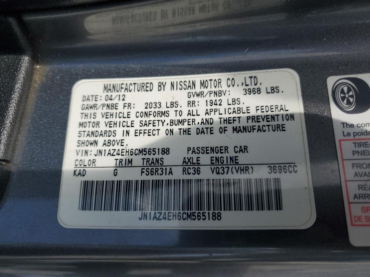2012 Nissan 370Z Base VIN: JN1AZ4EH6CM565188 Lot: 56322605