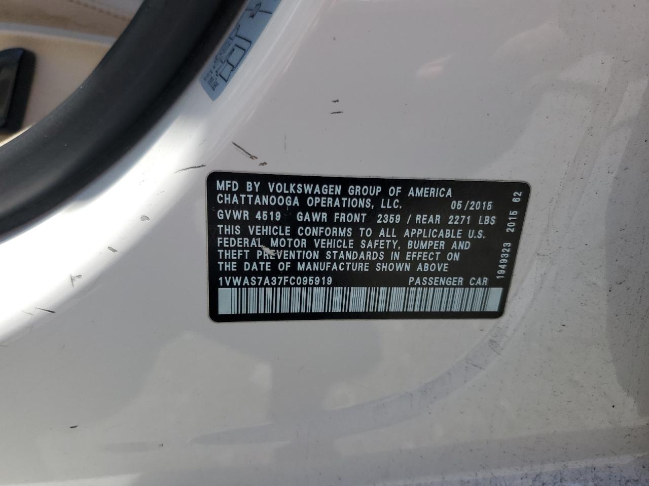 2015 Volkswagen Passat S VIN: 1VWAS7A37FC095919 Lot: 56903585