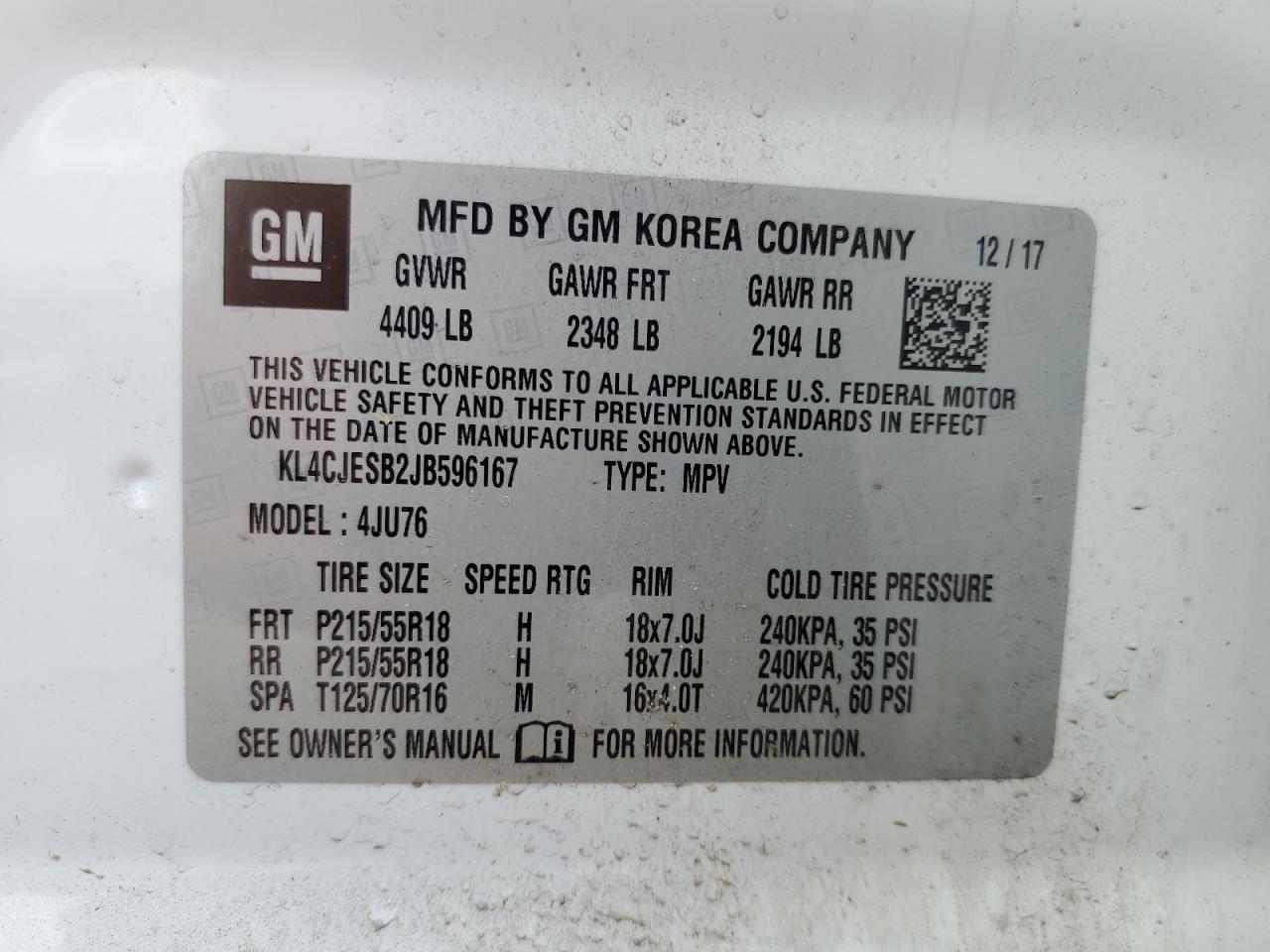 2018 Buick Encore Preferred VIN: KL4CJESB2JB596167 Lot: 57015335