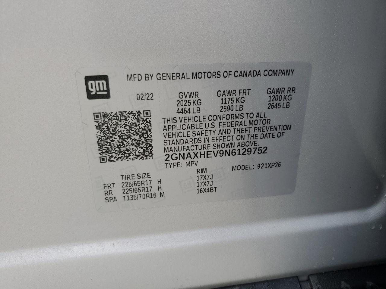 2022 Chevrolet Equinox Ls VIN: 2GNAXHEV9N6129752 Lot: 58768675