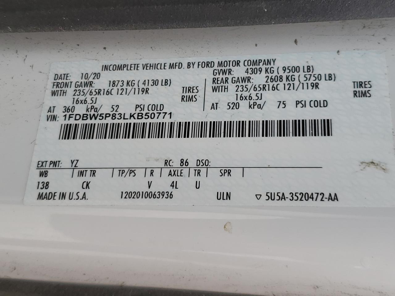 1FDBW5P83LKB50771 FORD TRANSIT 2020