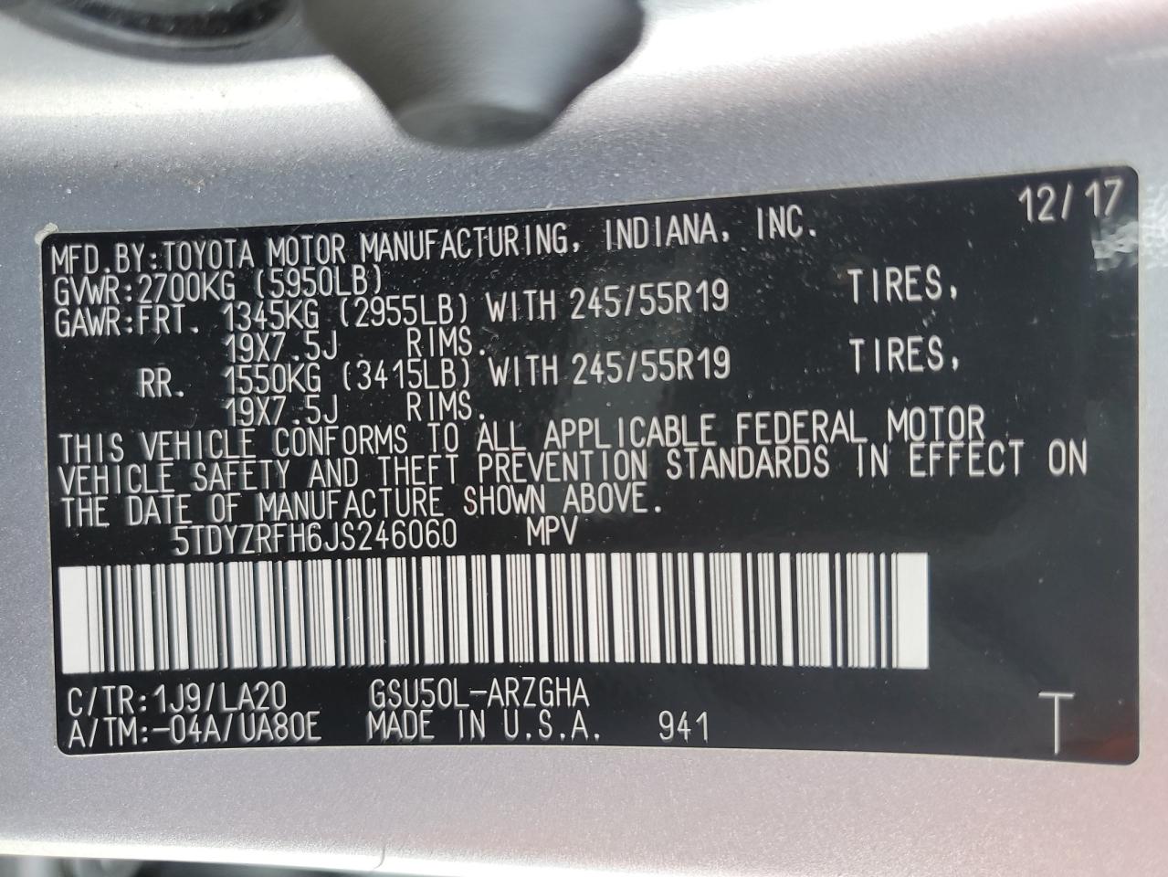 5TDYZRFH6JS246060 TOYOTA HIGHLANDER 2018