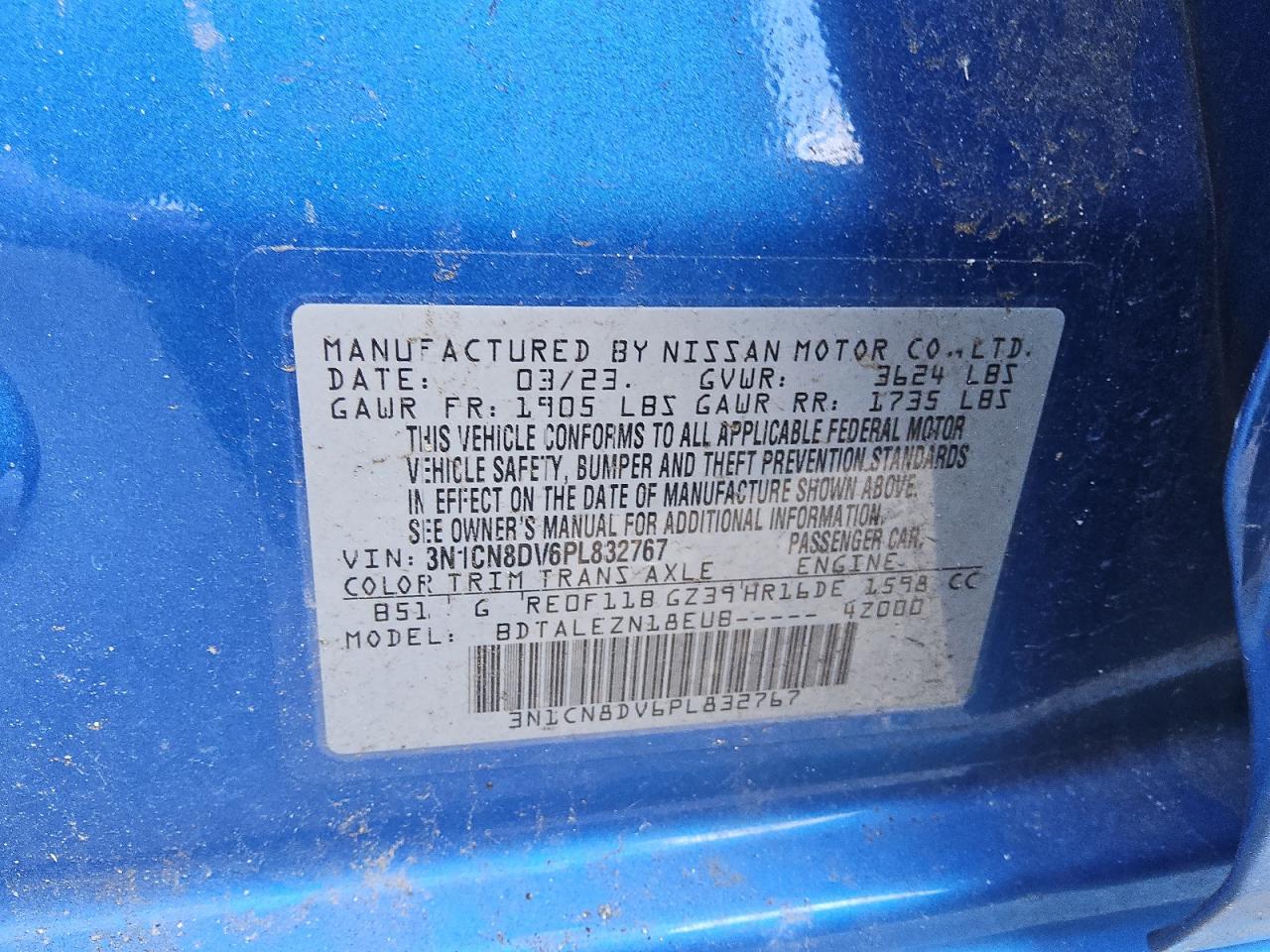 2023 Nissan Versa S VIN: 3N1CN8DV6PL832767 Lot: 56310385