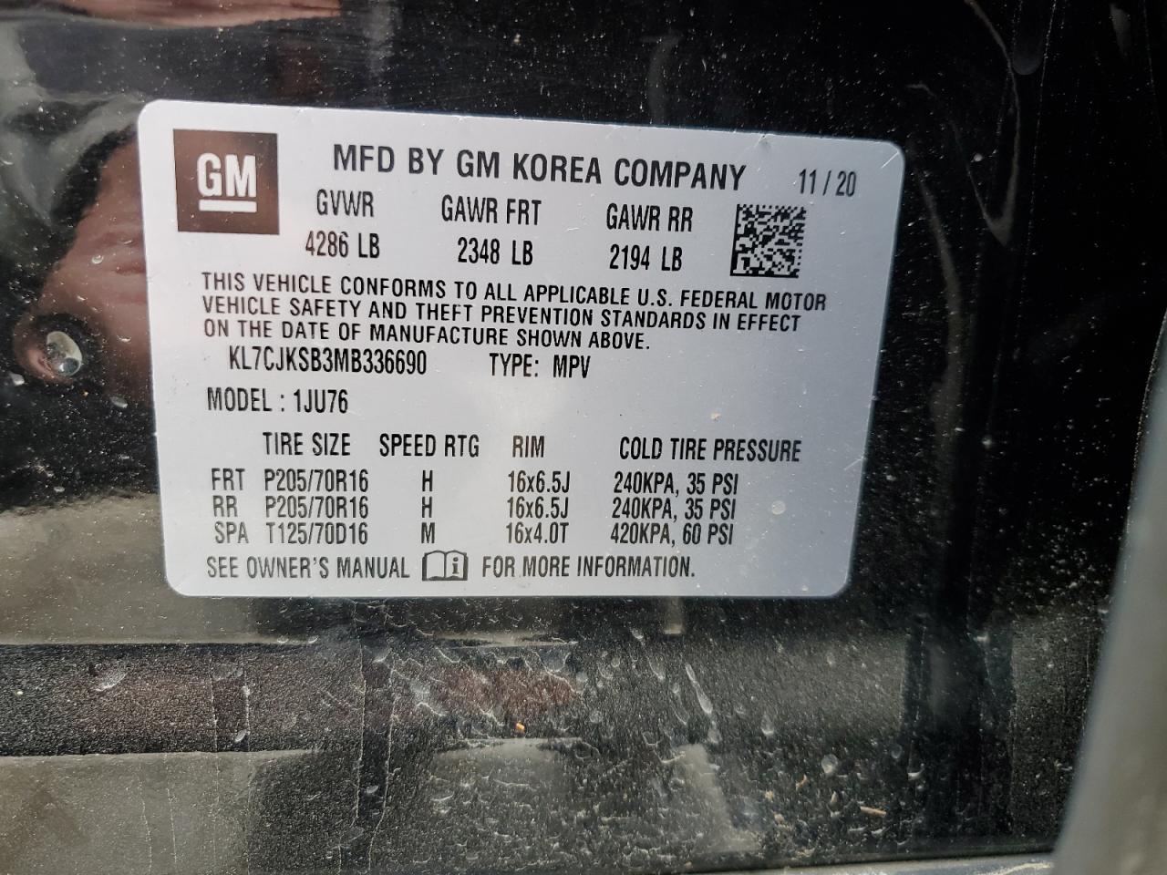 2021 Chevrolet Trax Ls VIN: KL7CJKSB3MB336690 Lot: 58065595