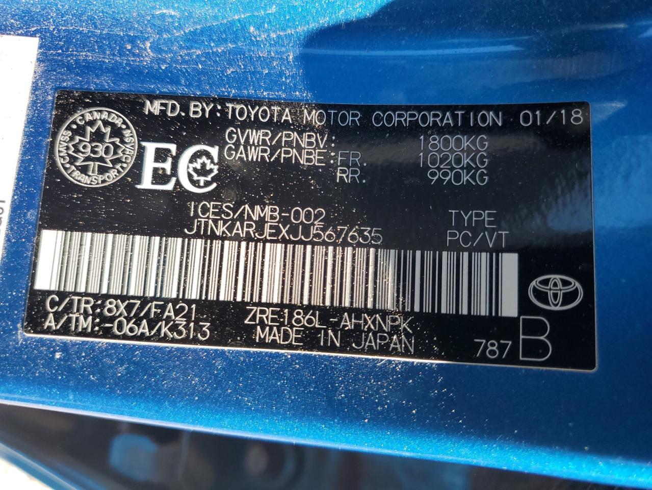 JTNKARJEXJJ567635 TOYOTA COROLLA 2018
