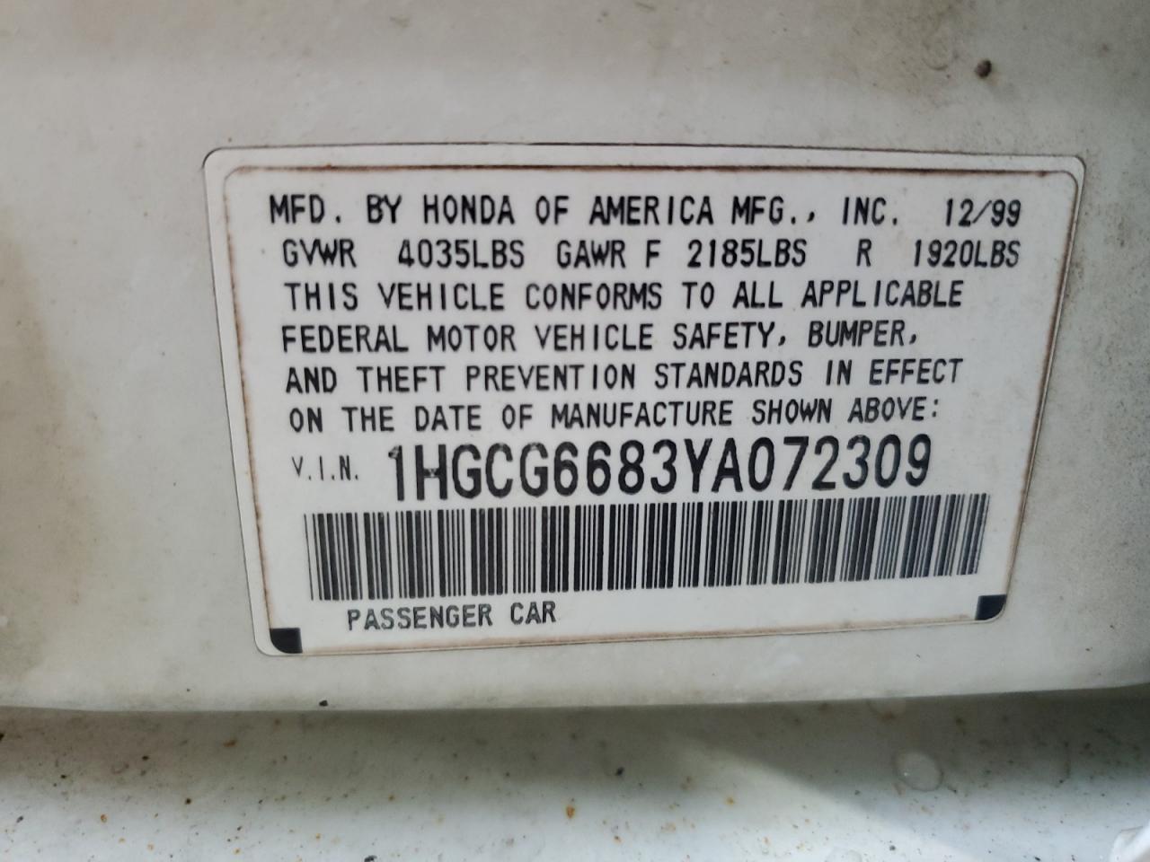 2000 Honda Accord Ex VIN: 1HGCG6683YA072309 Lot: 55878725