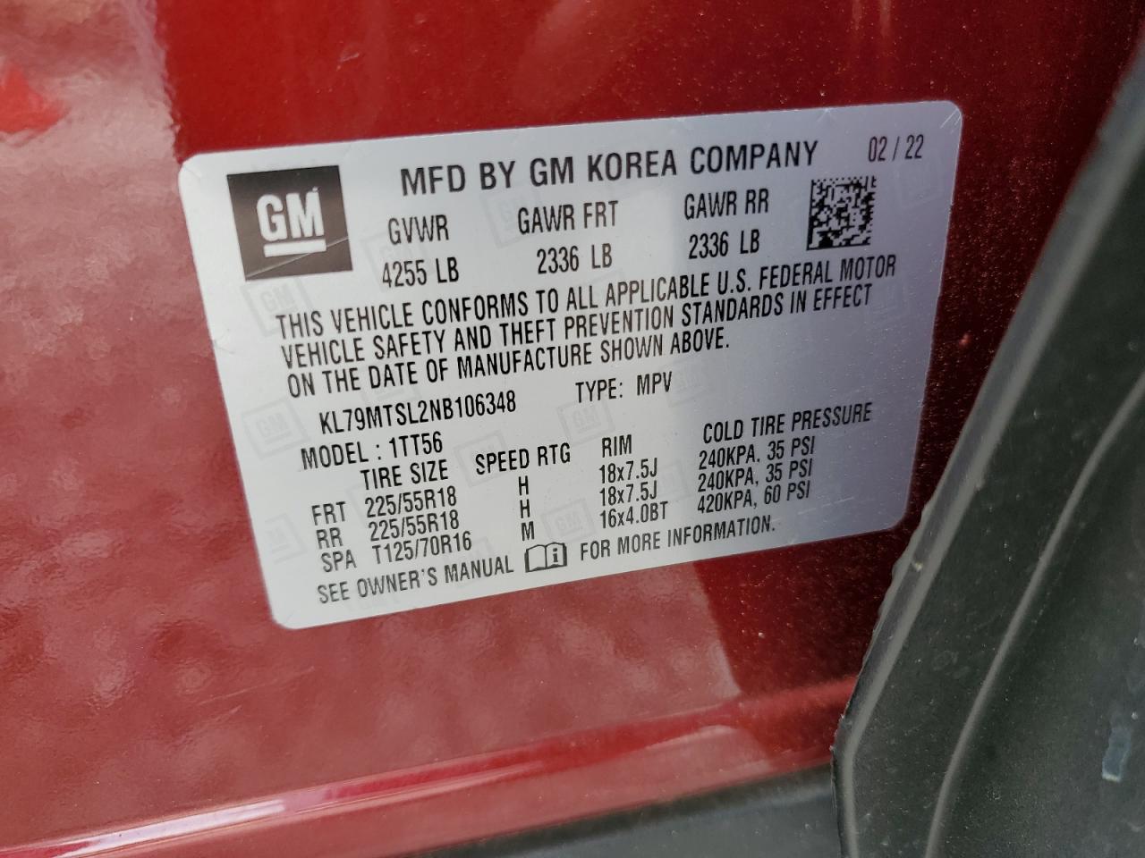 KL79MTSL2NB106348 CHEVROLET TRAILBLZR 2022