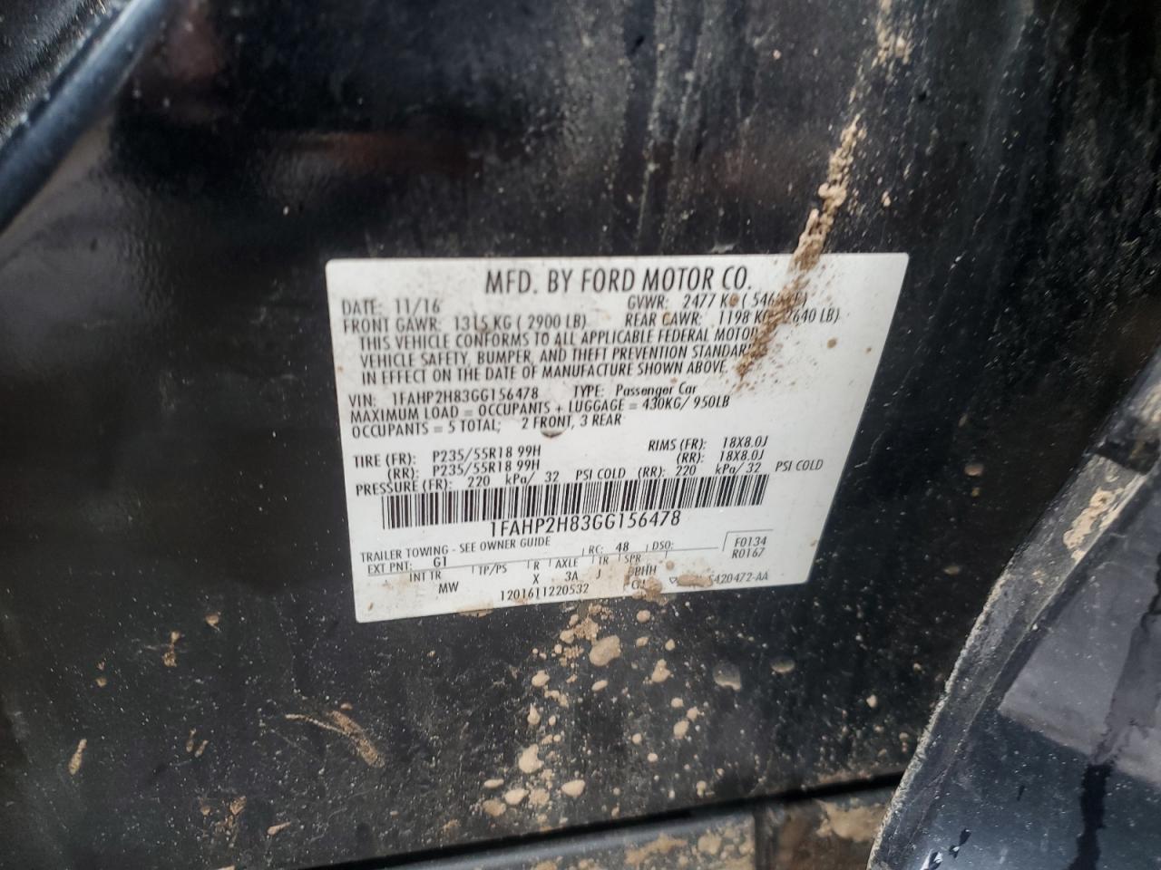 1FAHP2H83GG156478 FORD TAURUS 2016