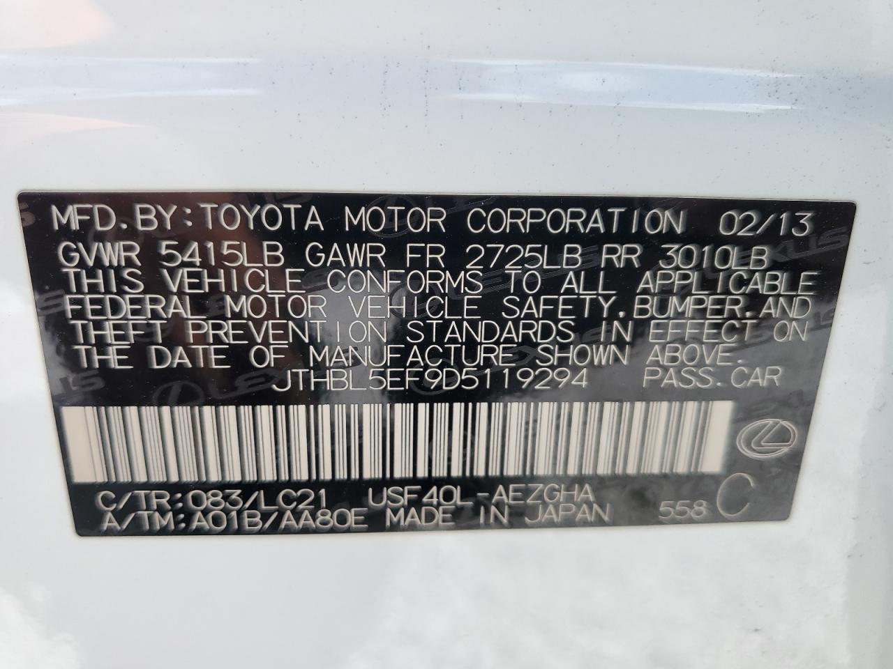 2013 Lexus Ls 460 VIN: JTHBL5EF9D5119294 Lot: 56279765