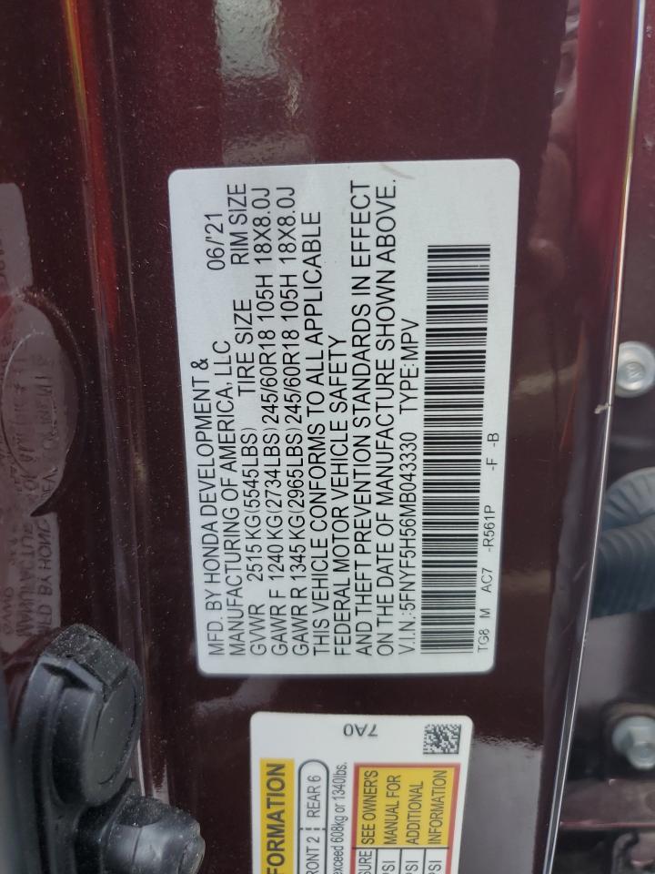 2021 Honda Pilot Exl VIN: 5FNYF5H56MB043330 Lot: 56877465