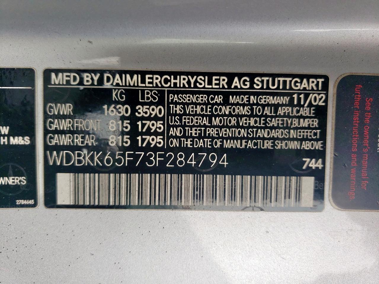 2003 Mercedes-Benz Slk 320 VIN: WDBKK65F73F284794 Lot: 55833335