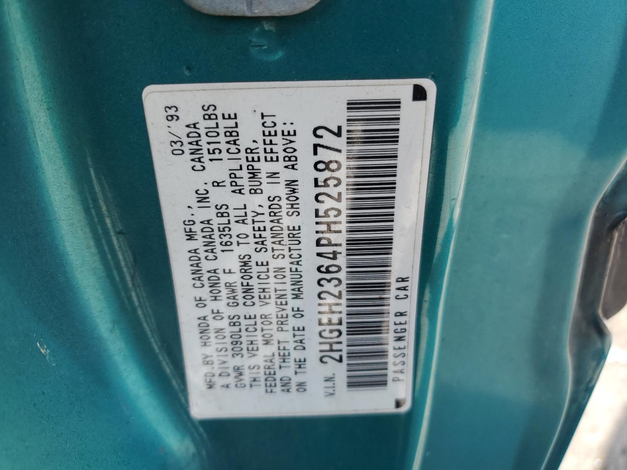 1993 Honda Civic Dx VIN: 2HGEH2364PH525872 Lot: 55438535