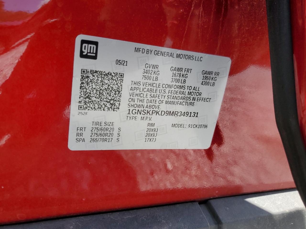 1GNSKPKD9MR349131 CHEVROLET TAHOE 2021