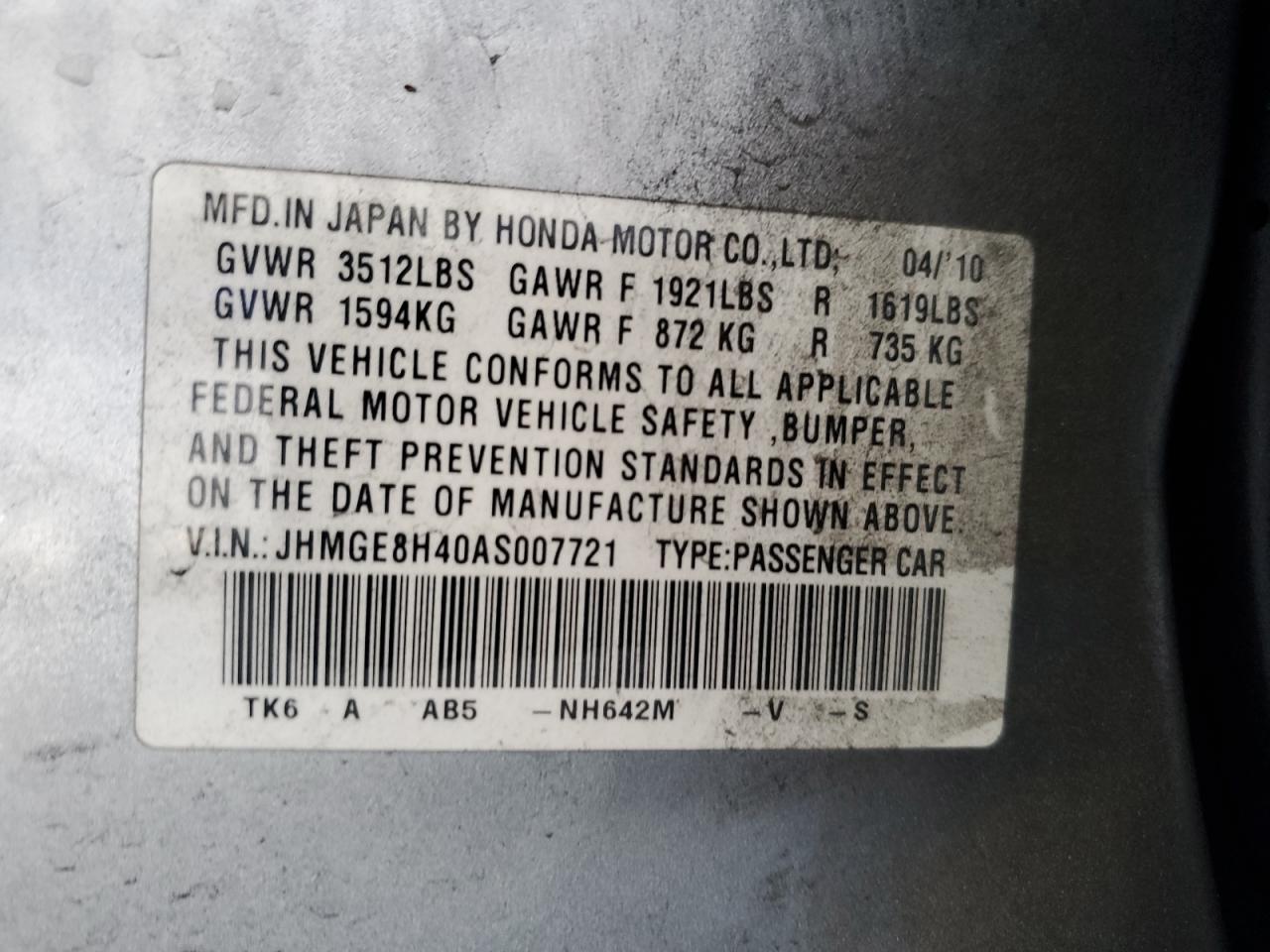 2010 Honda Fit Sport VIN: JHMGE8H40AS007721 Lot: 56498675