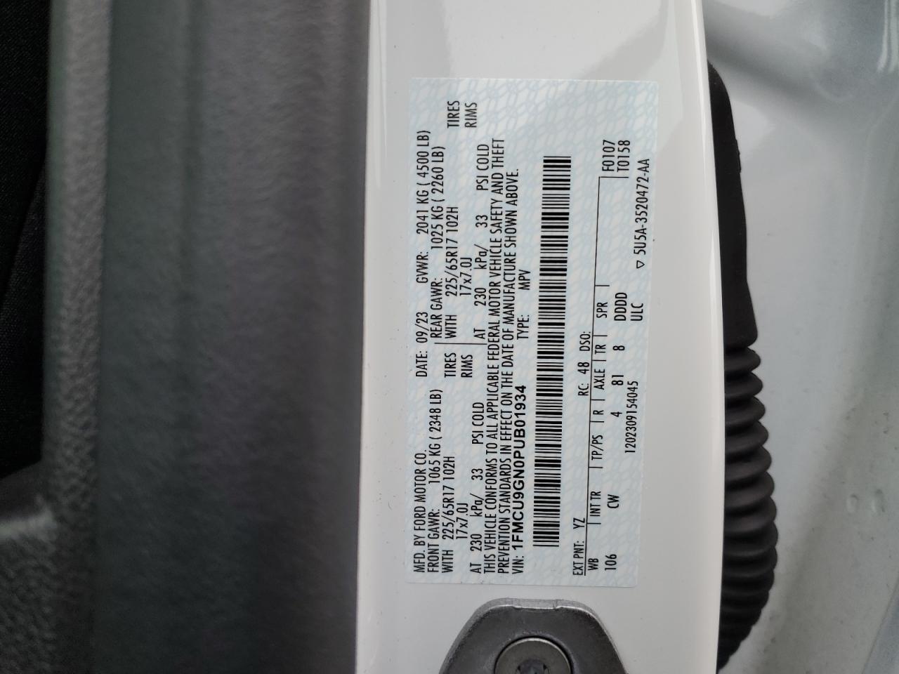 1FMCU9GN0PUB01934 FORD ESCAPE ACT 2023