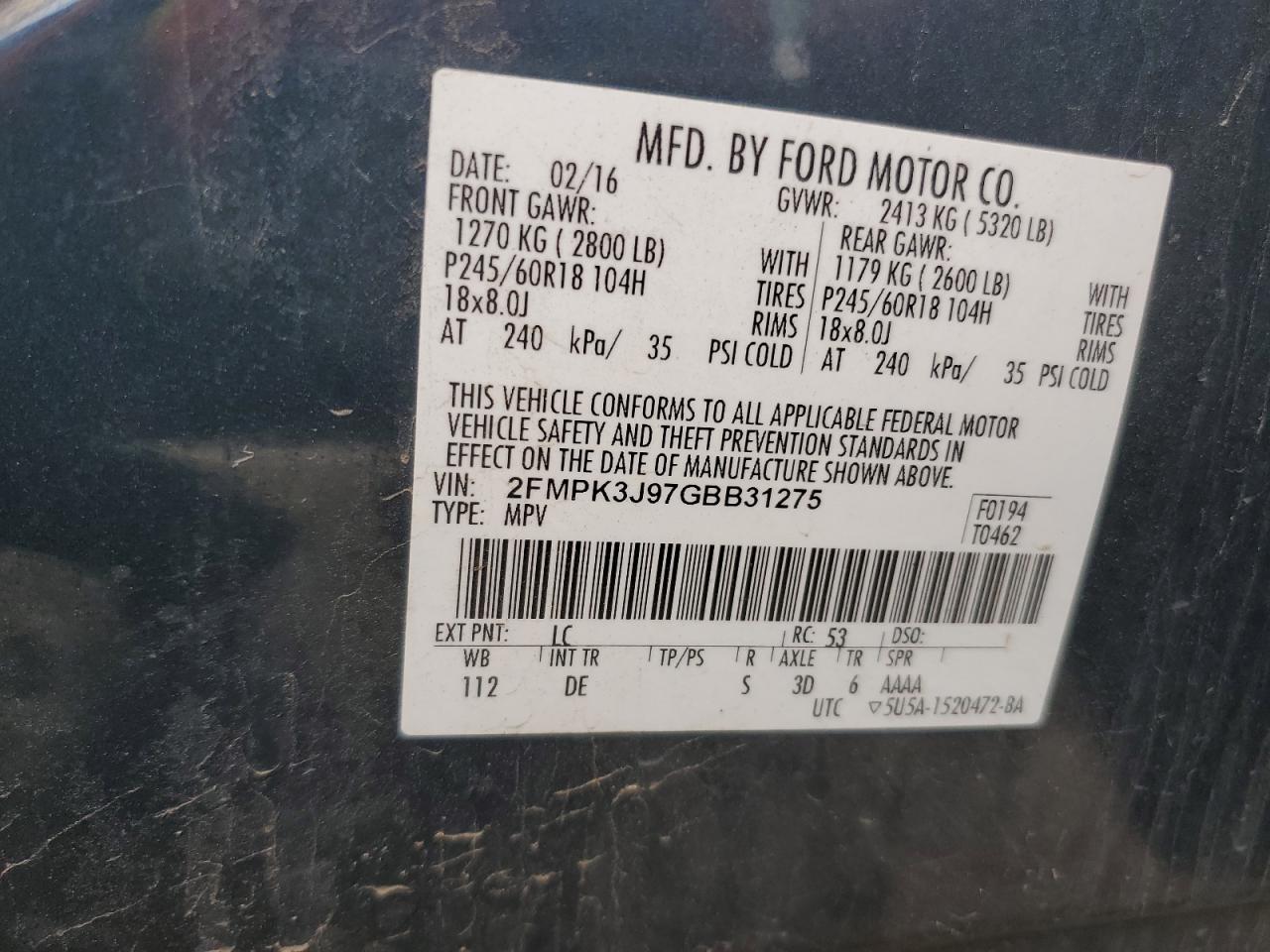 2016 Ford Edge Sel VIN: 2FMPK3J97GBB31275 Lot: 58584025