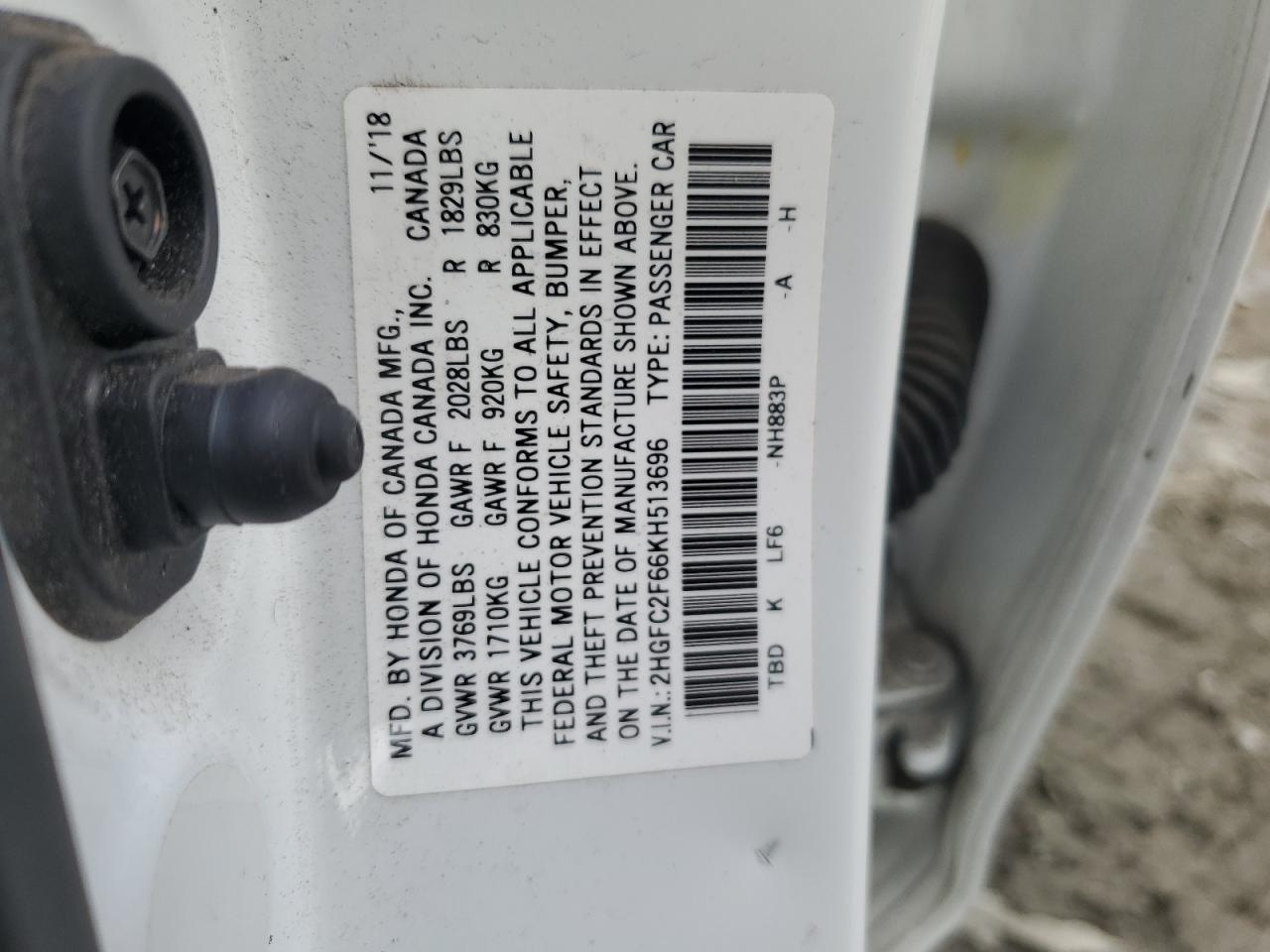 2HGFC2F66KH513696 HONDA CIVIC 2019