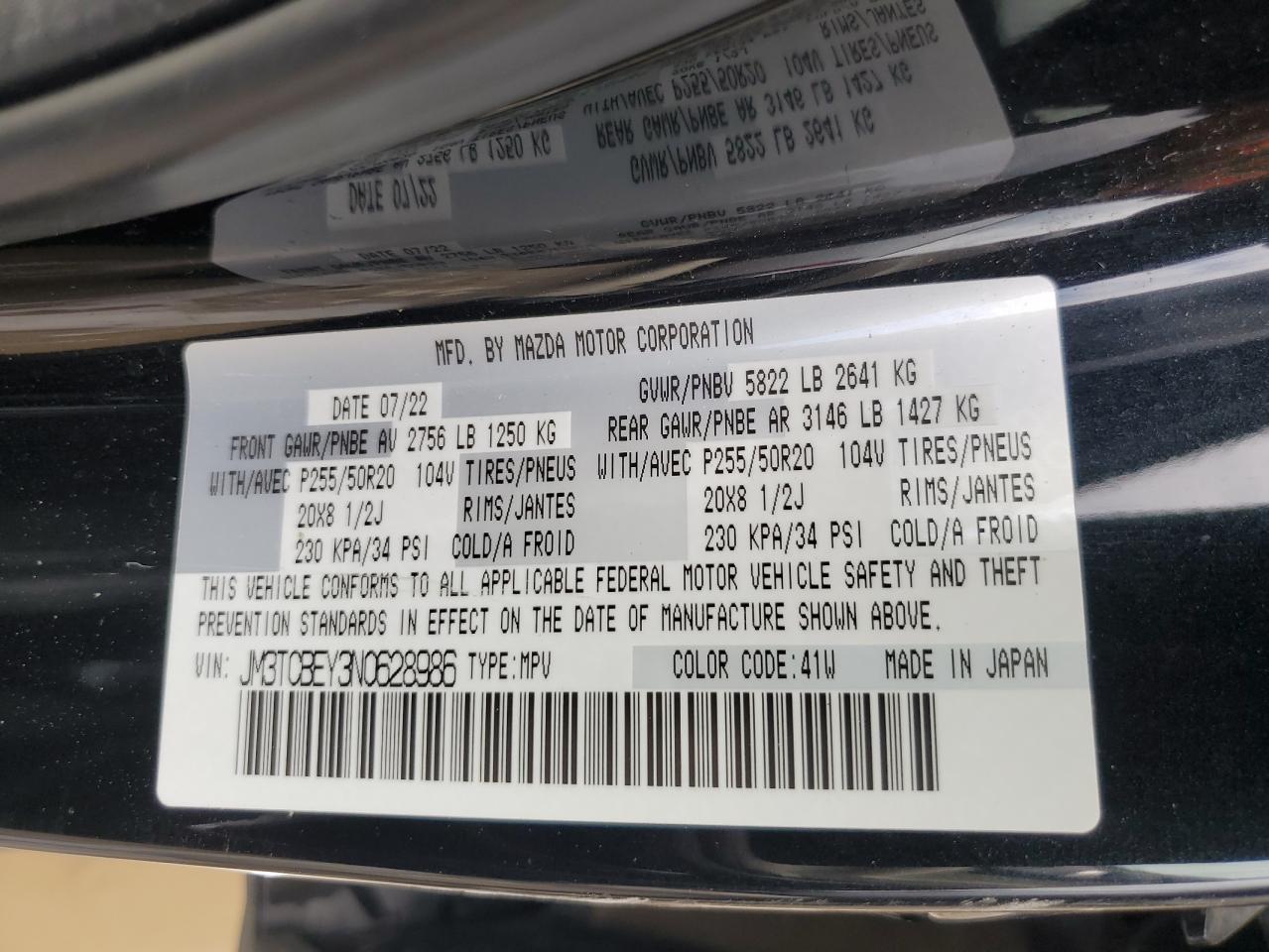 2022 Mazda Cx-9 Signature VIN: JM3TCBEY3N0628986 Lot: 56877685