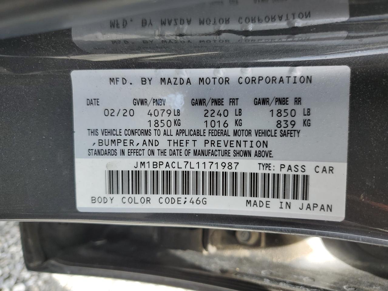 2020 Mazda 3 Select VIN: JM1BPACL7L1171987 Lot: 56228805
