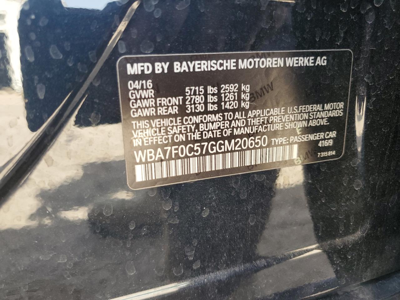 2016 BMW 750 I VIN: WBA7F0C57GGM20650 Lot: 57177555