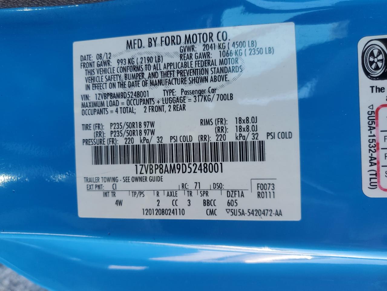 2013 Ford Mustang VIN: 1ZVBP8AM9D5248001 Lot: 56514375