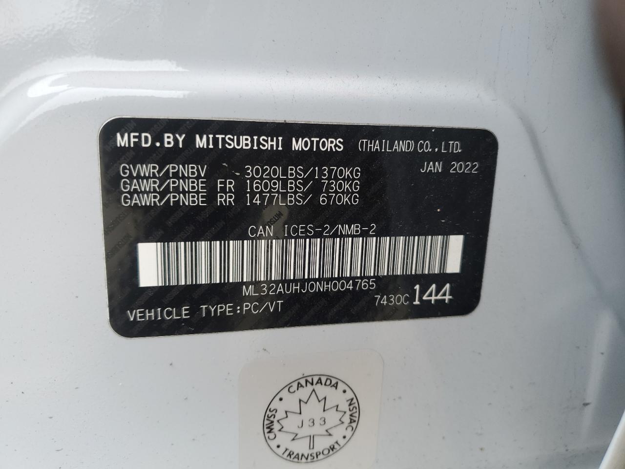 ML32AUHJ0NH004765 MITSUBISHI MIRAGE 2022