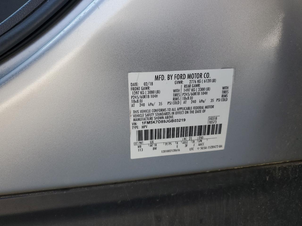 1FM5K7D89JGB03219 FORD EXPLORER 2018