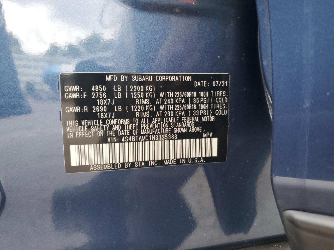 2022 Subaru Outback Limited VIN: 4S4BTAMC1N3125388 Lot: 56549065