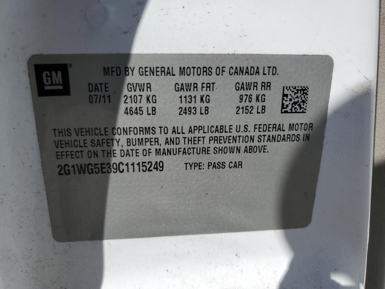 2012 Chevrolet Impala Lt VIN: 2G1WG5E39C1115249 Lot: 57664035