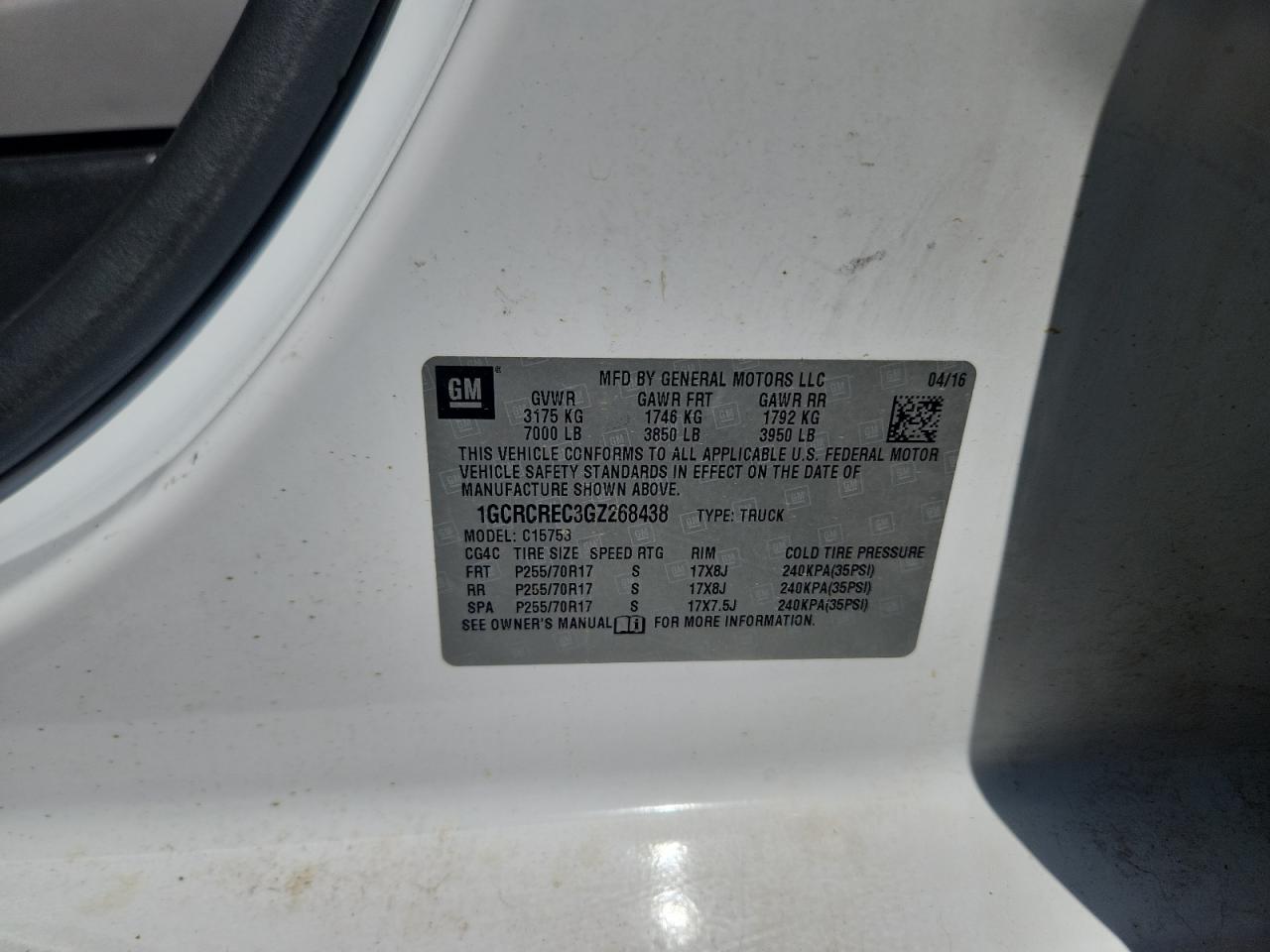 1GCRCREC3GZ268438 CHEVROLET ALL Models 2016