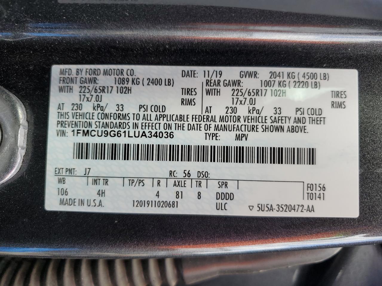 1FMCU9G61LUA34036 FORD ESCAPE 2020