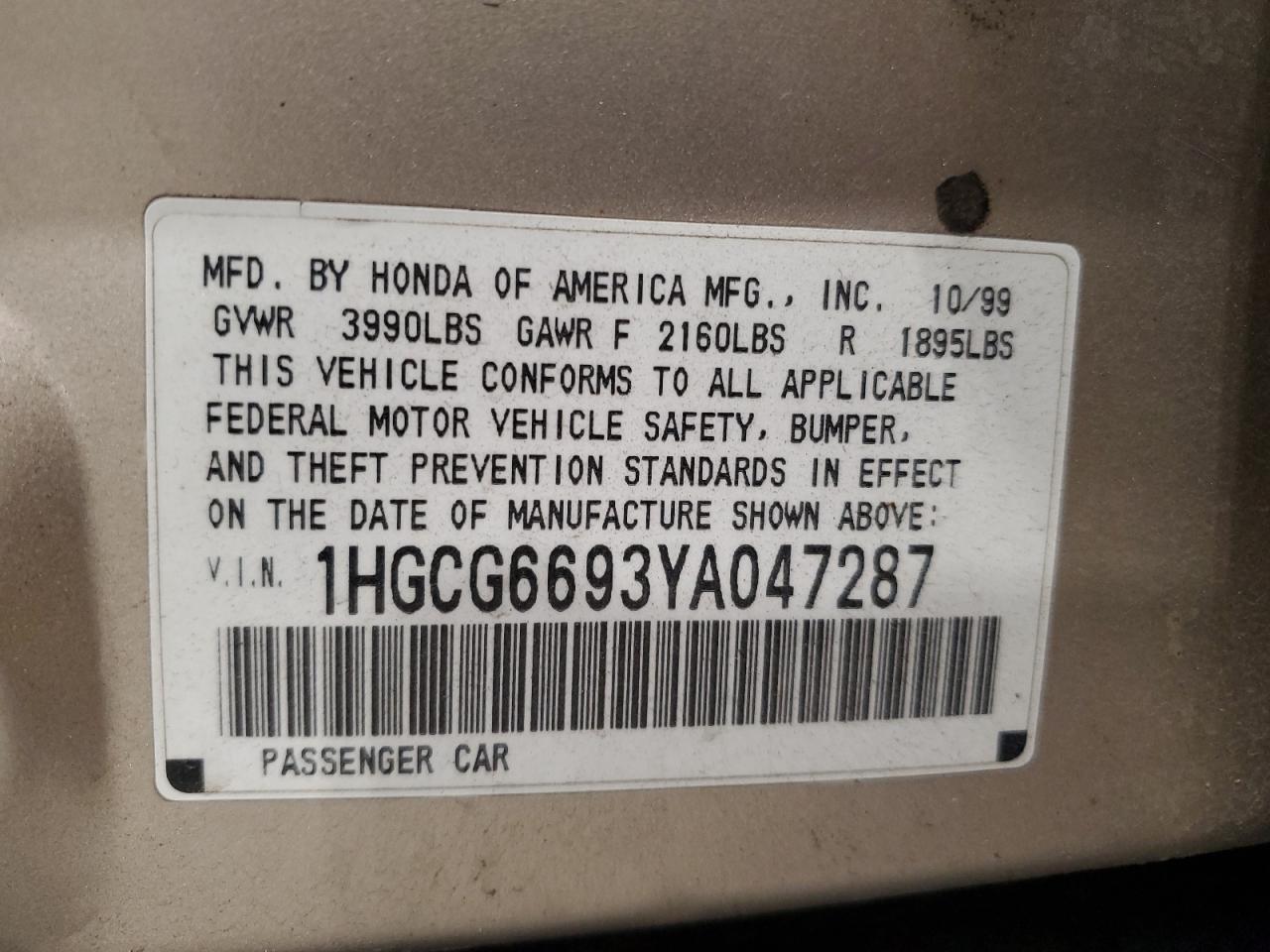 2000 Honda Accord Se VIN: 1HGCG6693YA047287 Lot: 56838525