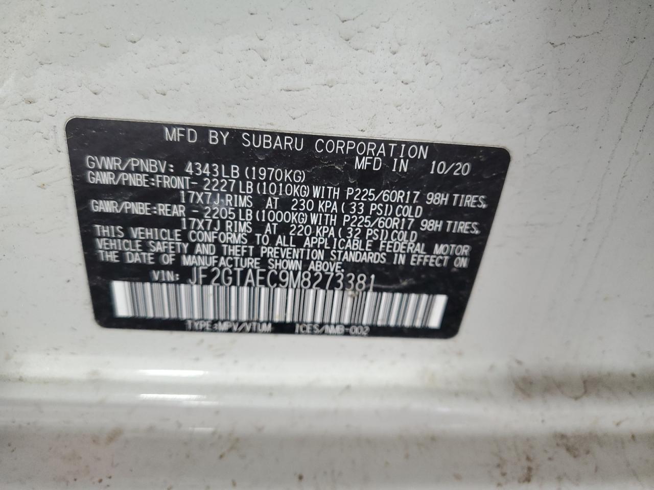 2021 Subaru Crosstrek Premium VIN: JF2GTAEC9M8273381 Lot: 55412895