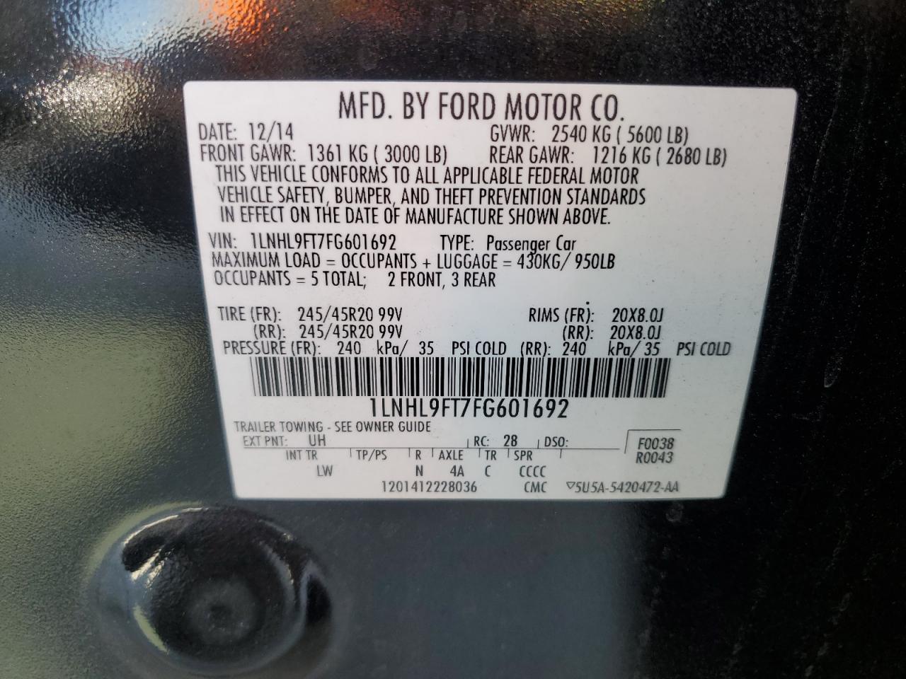 2015 Lincoln Mks VIN: 1LNHL9FT7FG601692 Lot: 57187405