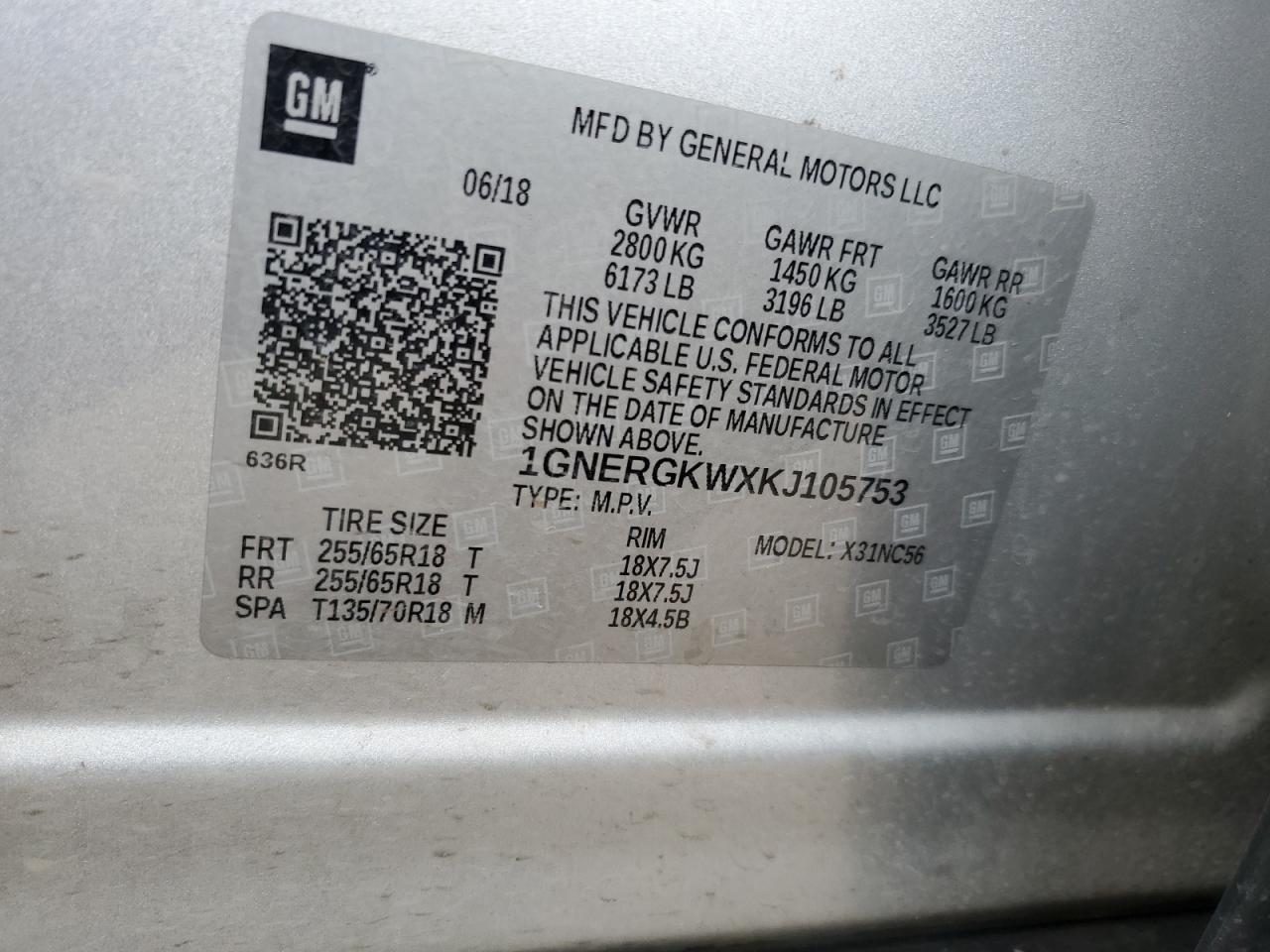 1GNERGKWXKJ105753 CHEVROLET TRAVERSE 2019