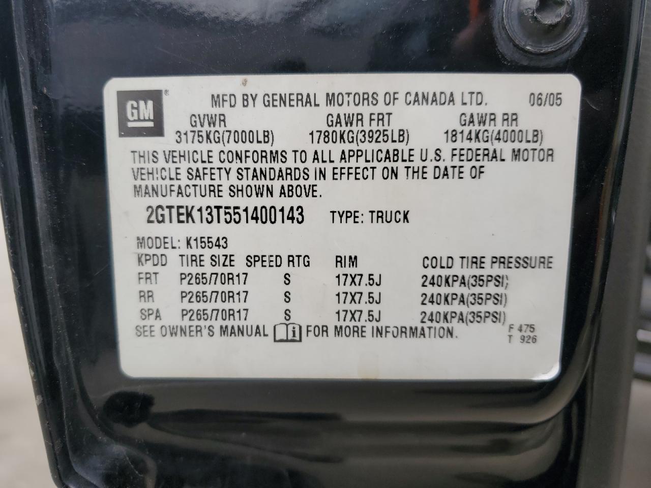 2005 GMC New Sierra K1500 VIN: 2GTEK13T551400143 Lot: 56217355