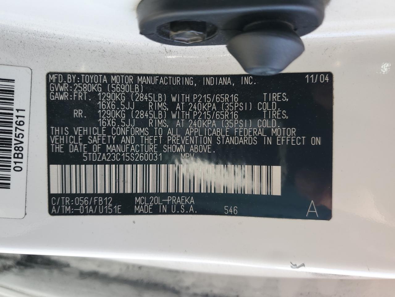 2005 Toyota Sienna Ce VIN: 5TDZA23C15S260031 Lot: 57149965