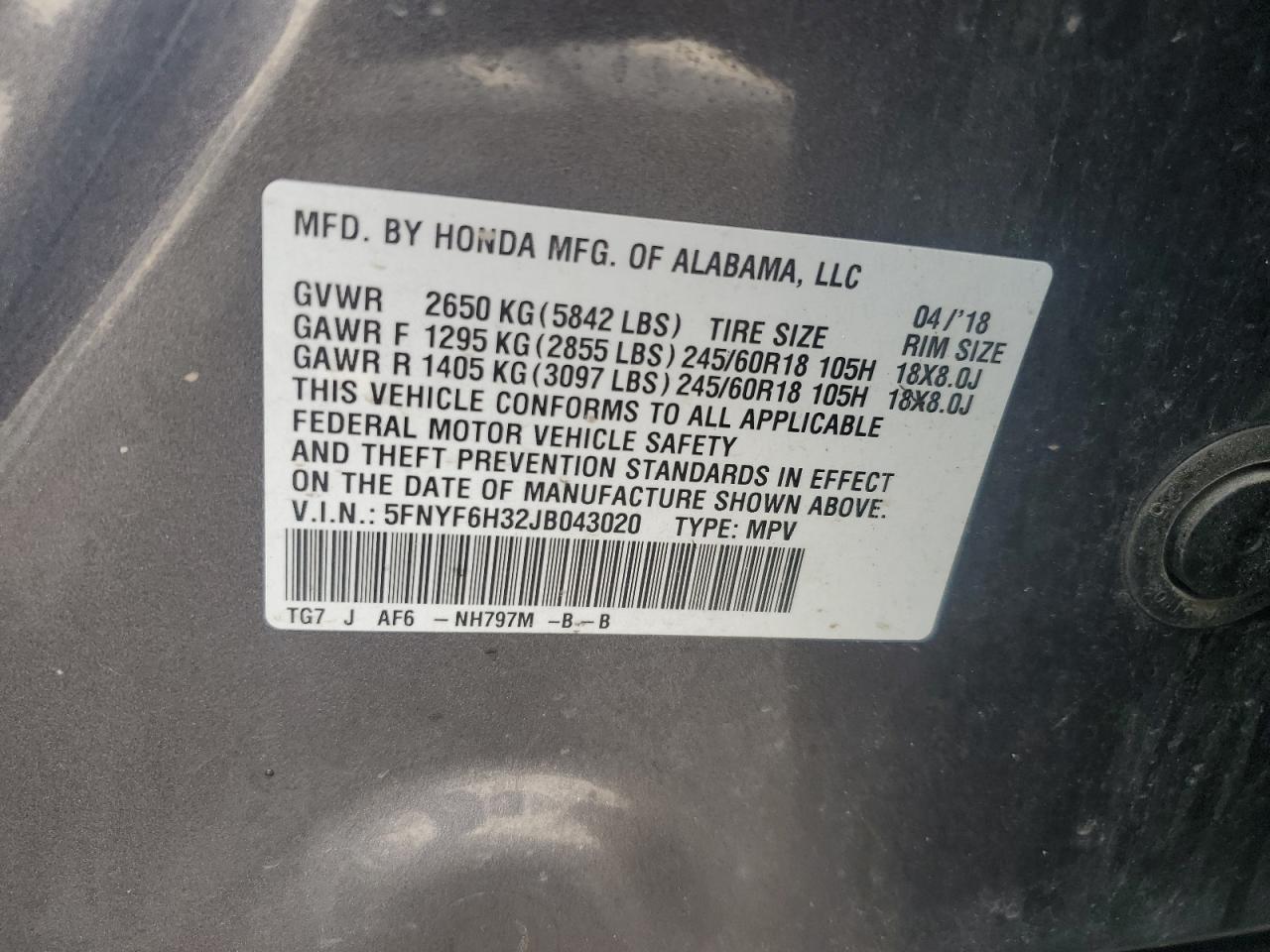 5FNYF6H32JB043020 HONDA PILOT 2018