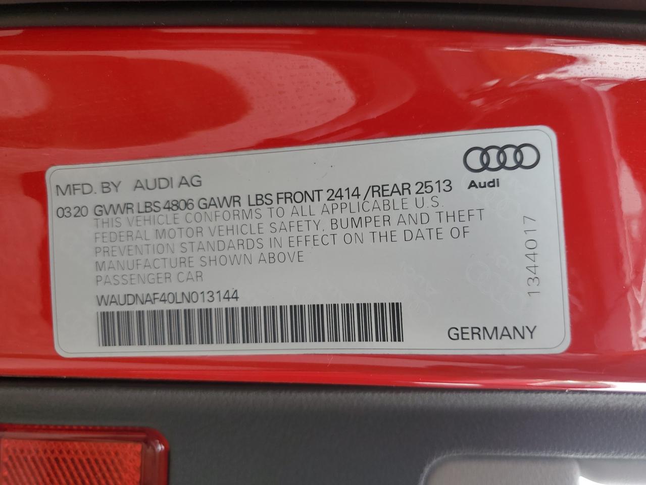 2020 Audi A4 Premium VIN: WAUDNAF40LN013144 Lot: 56367095